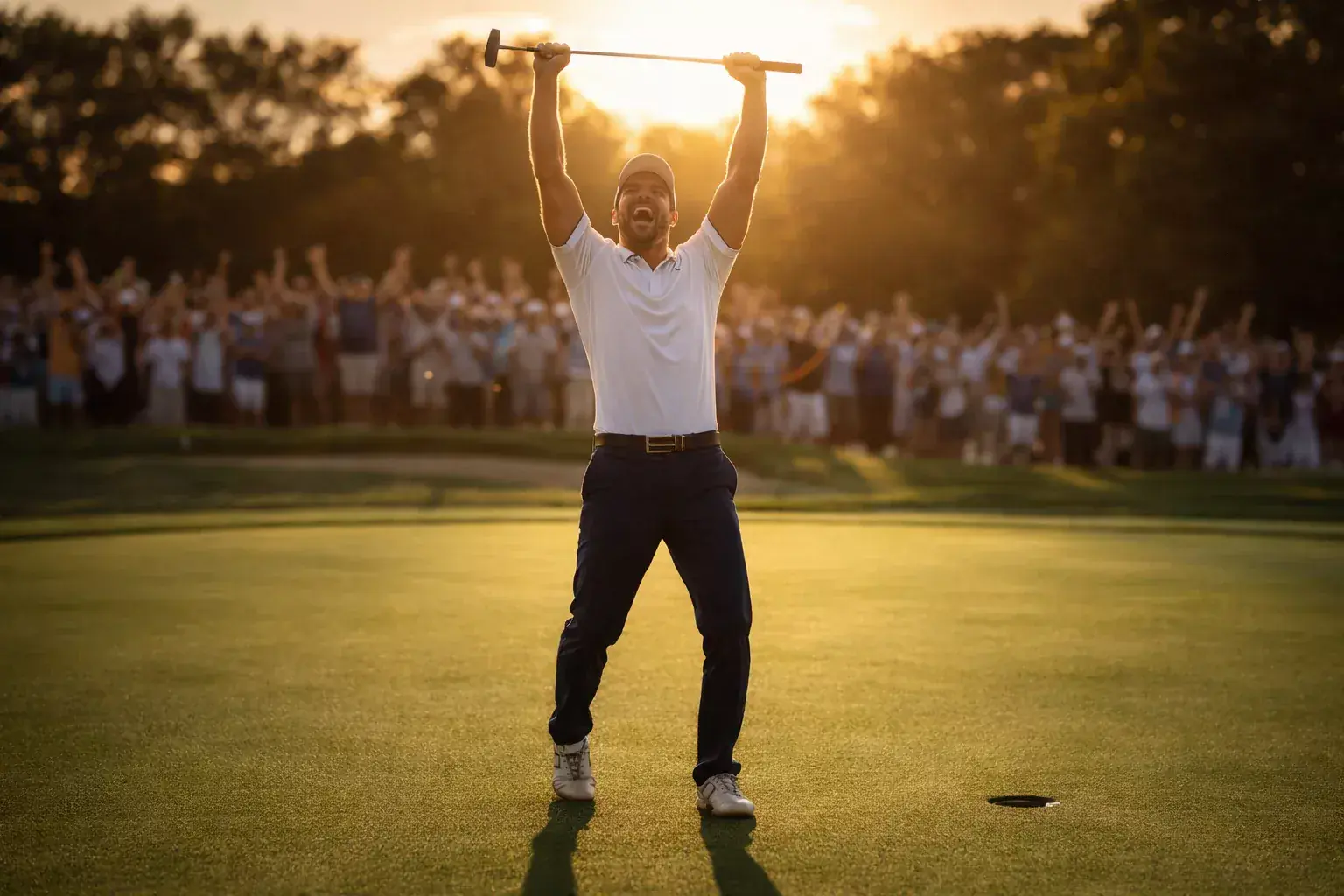 Golfer hebt triumphierend den Schläger nach einem erfolgreichen Putt