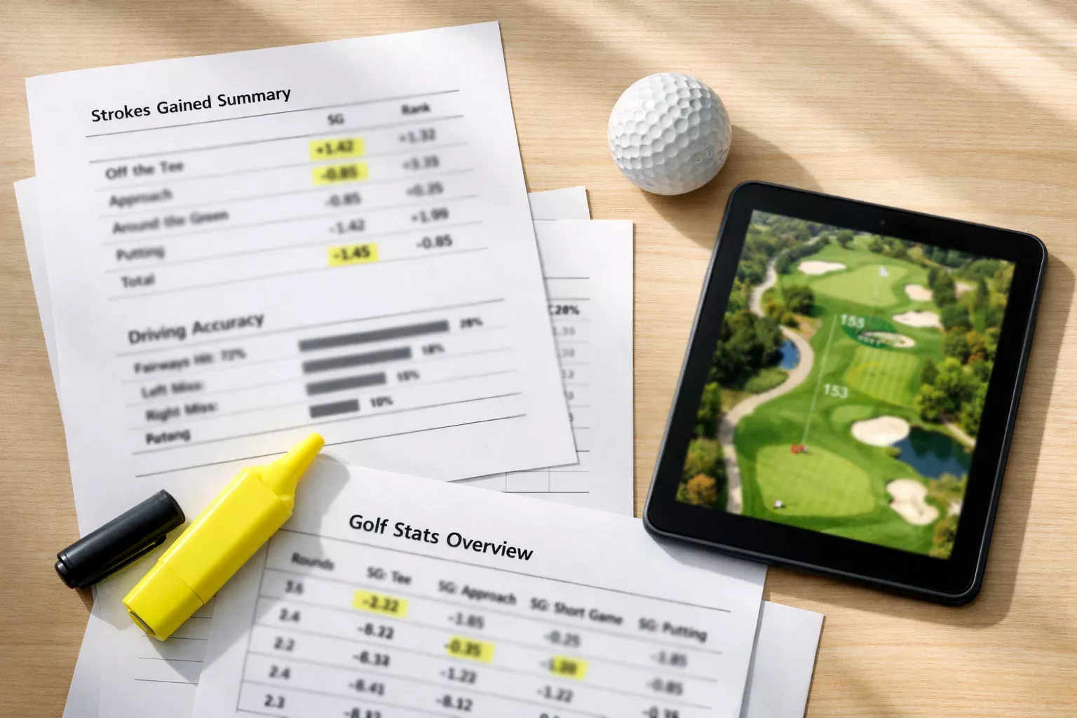 Detailaufnahme von Golfstatistiken und Leistungsdaten auf Papier