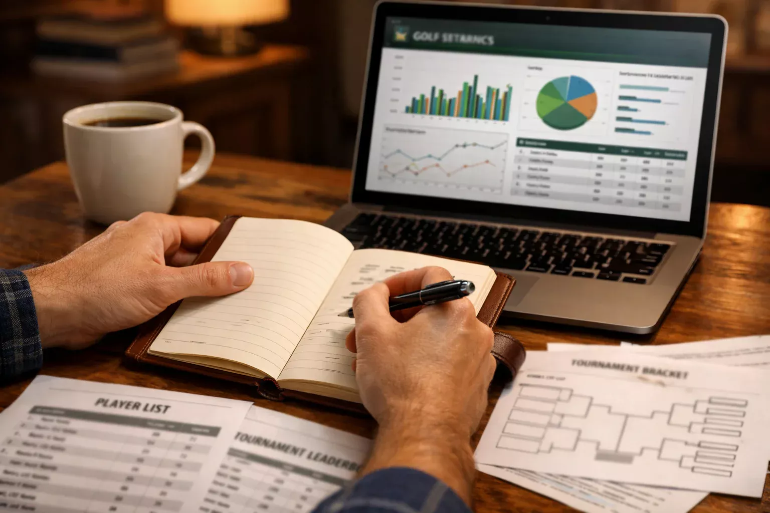Person analysiert Golfstatistiken auf einem Laptop mit Notizblock