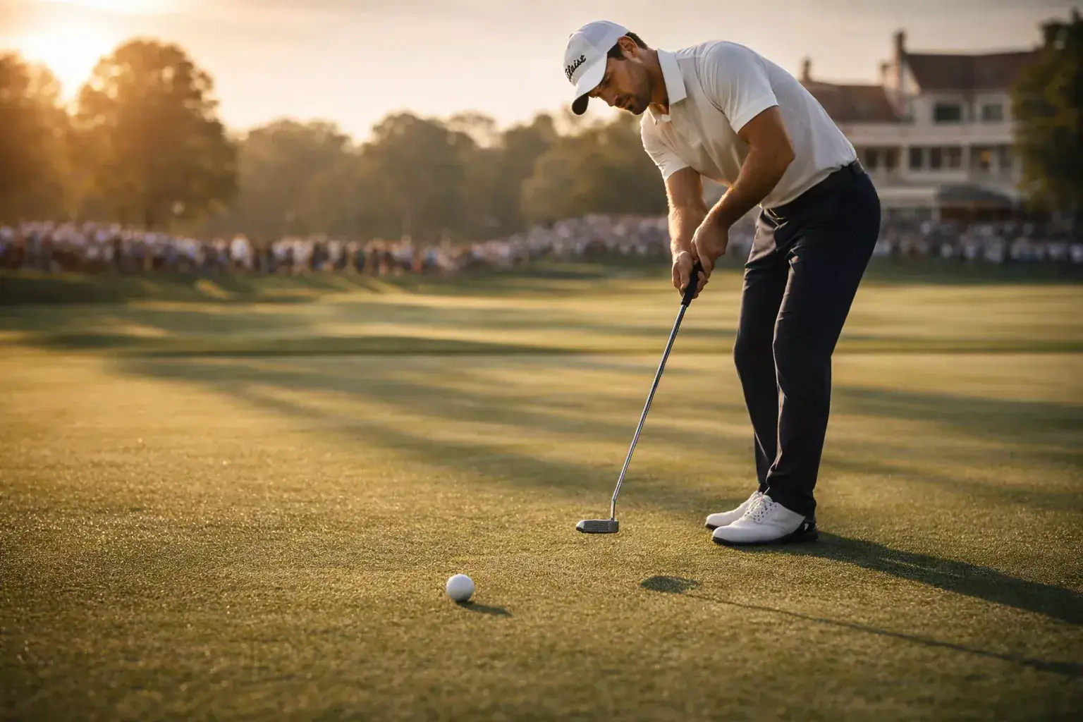 Golfspieler beim Putten auf gepflegtem Grün mit dramatischem Abendlicht